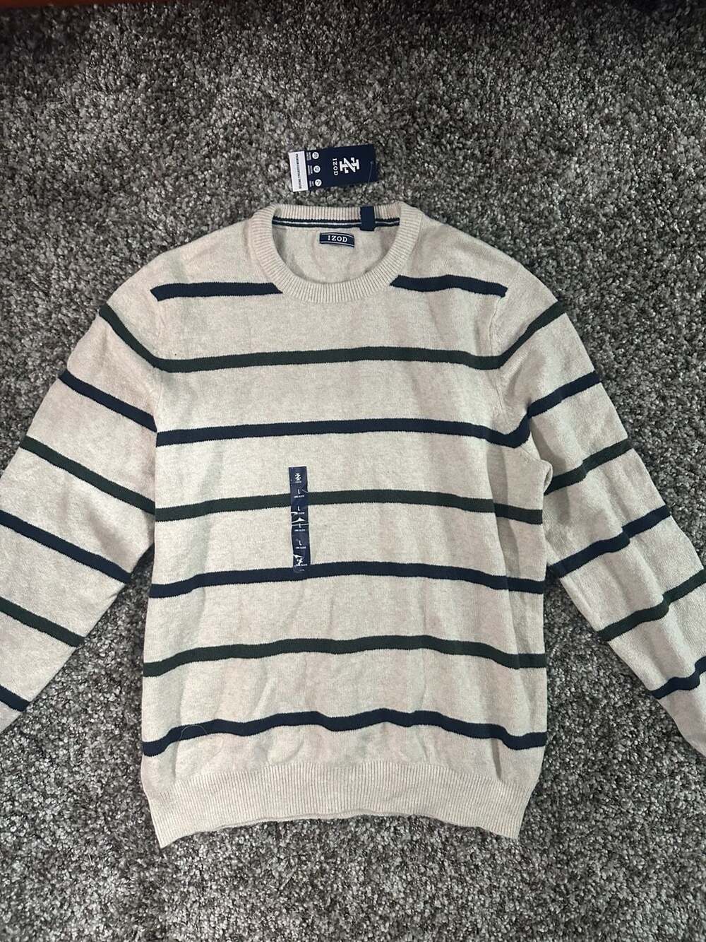 IZOD Striped Crewneck Sweater Size L Beige Pullover